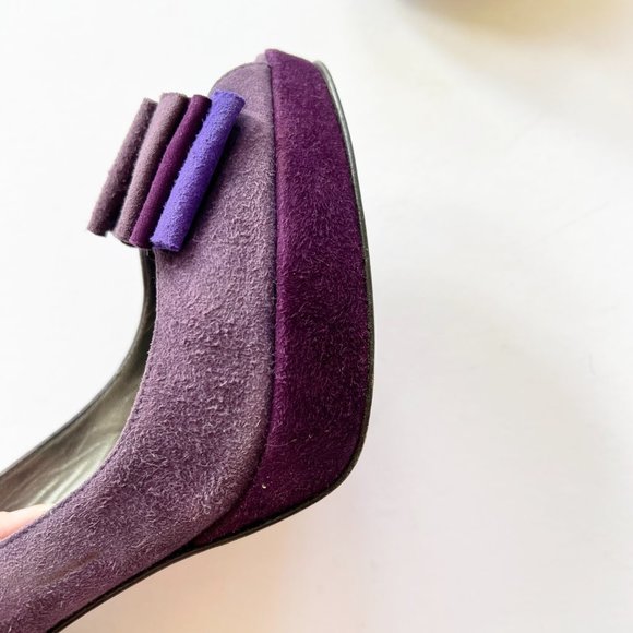 Stuart Weitzman Purple Suede Peep Toe Folded Bow Stiletto Pumps - Picture 13 of 16
